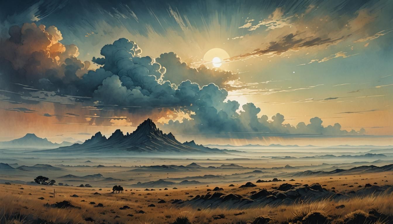 Surreal Steppe Dawn with Intricate Clouds