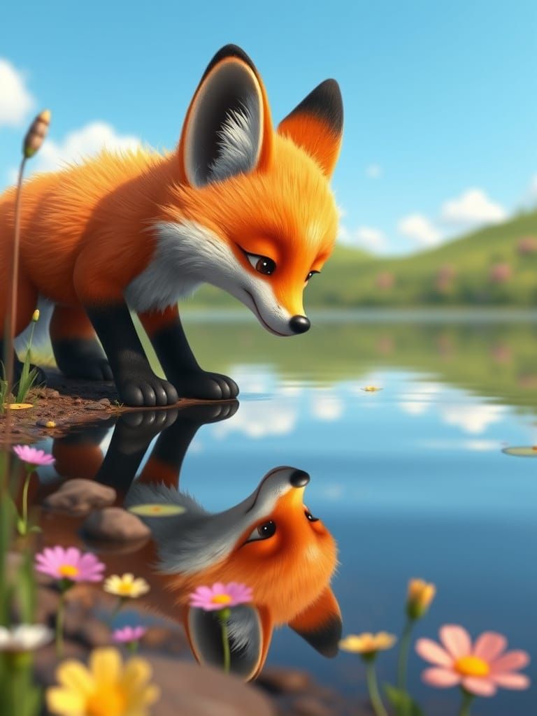 Surprised Fox Cub Looks at Reflection in Lake