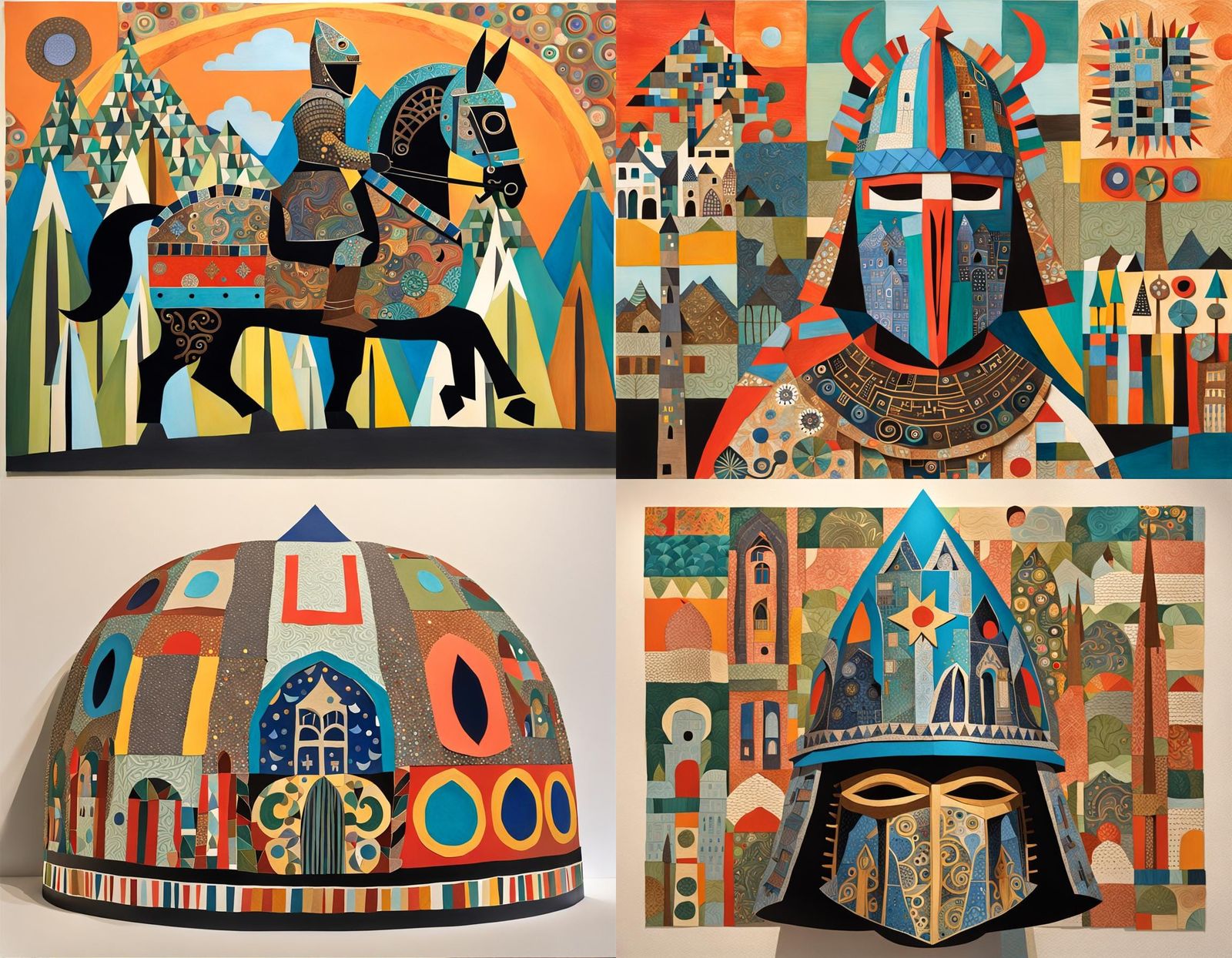 Whimsical Knight Helmet in Cut Paper Collage Style