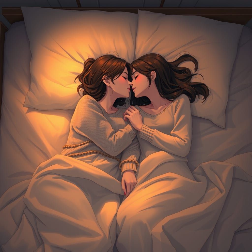 Two Women Share Gentle Kiss in Dreamy Digital Art