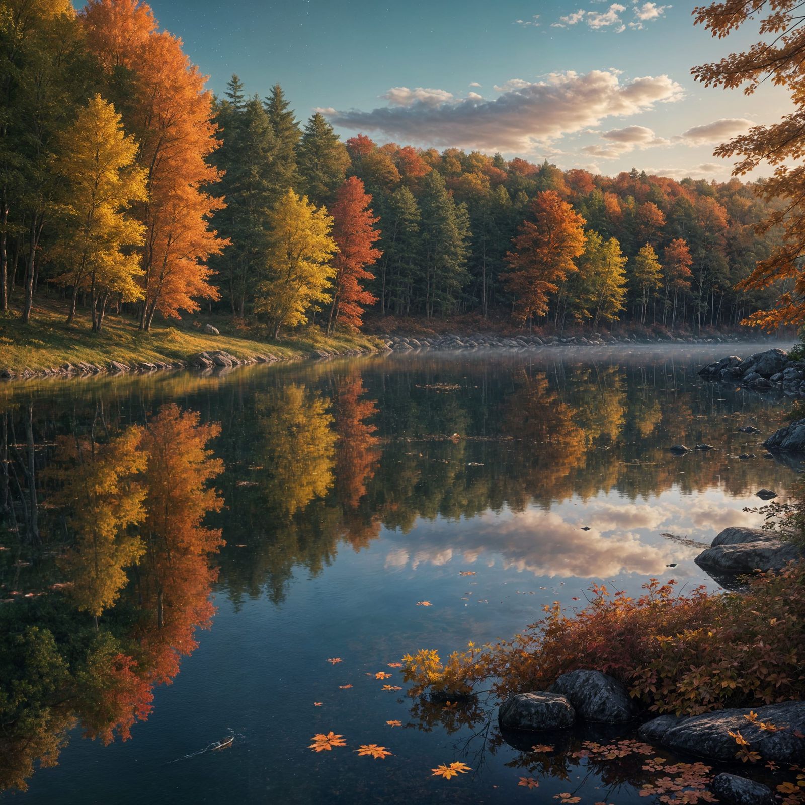 New England Autumn Lake: Vivid Digital Painting
