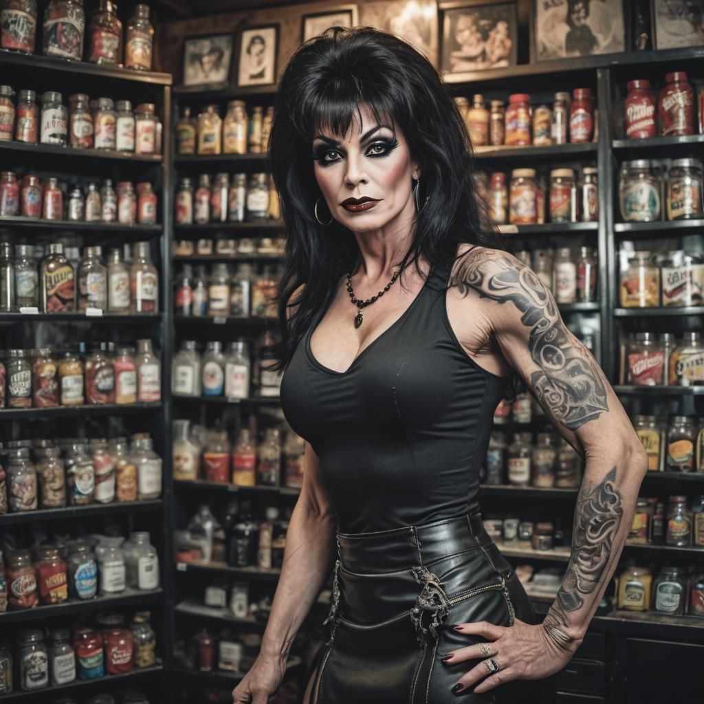 Goth Bodybuilder Portrait in a Candy Shop