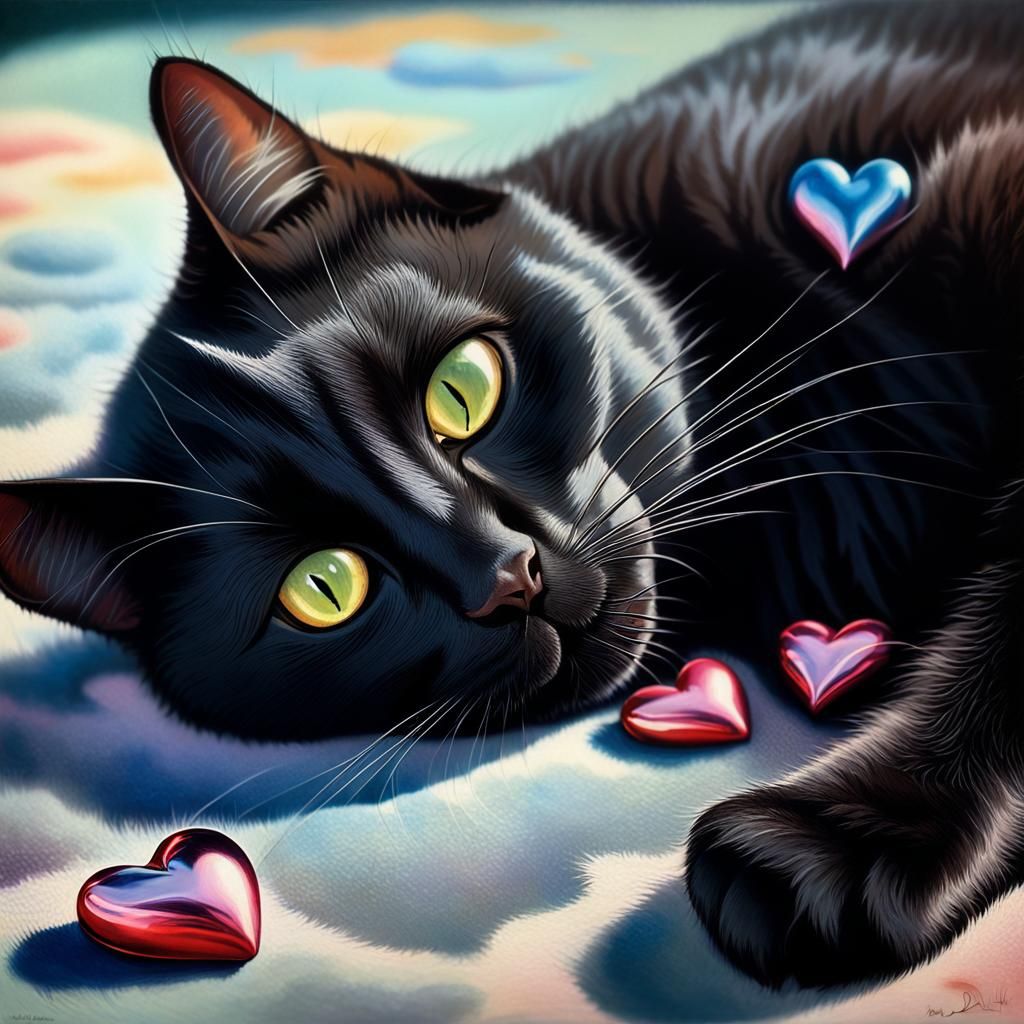Surreal Black Cat Portrait with Glowing Hearts