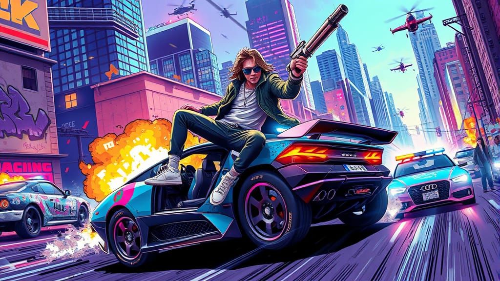 Stylish Protagonist Leaps from Neon Sports Car in Chaotic Ur...