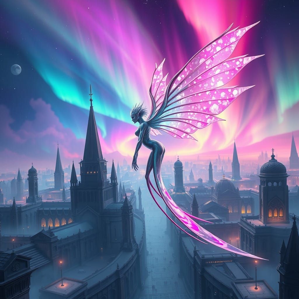 Ethereal Being in Luminous Cityscape