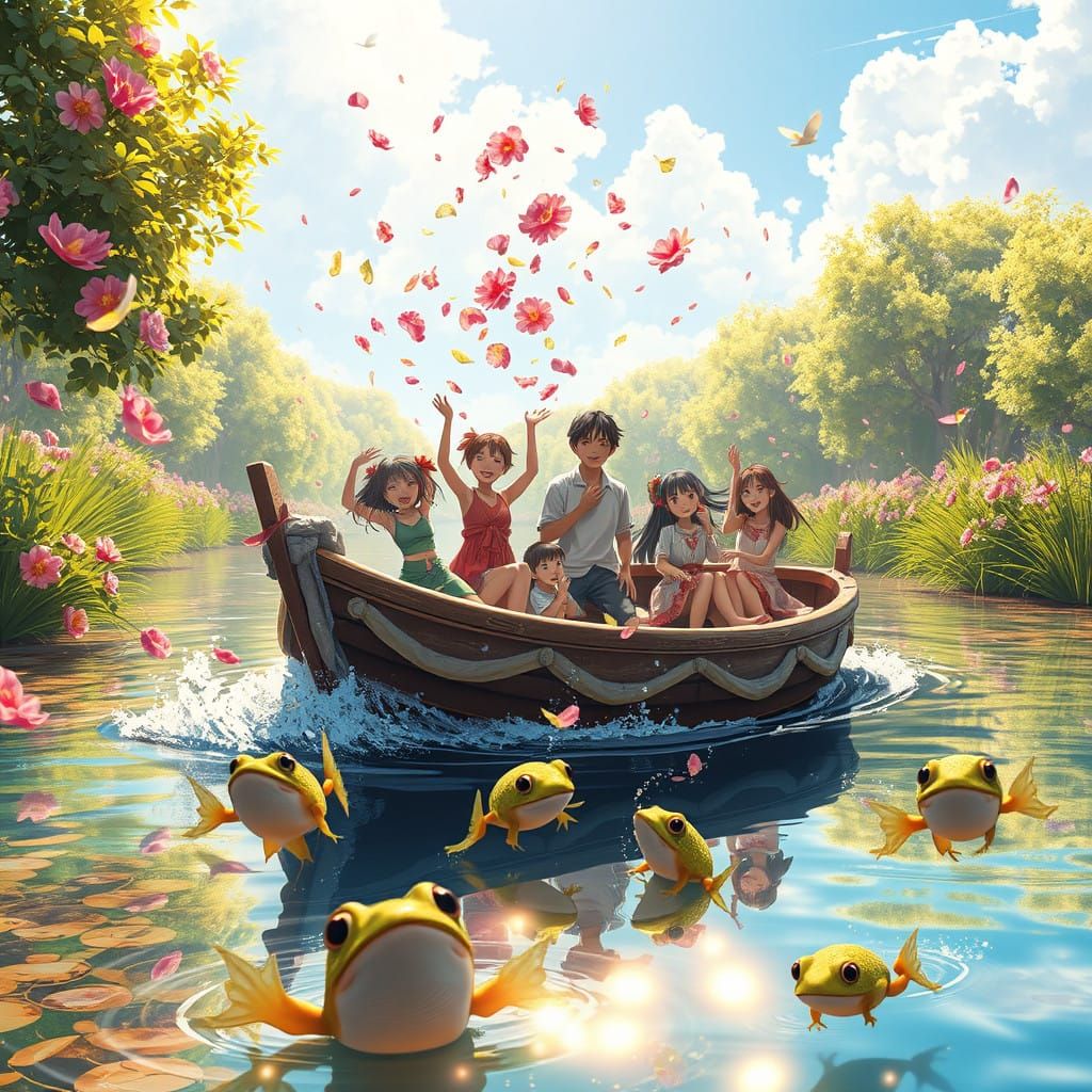 Serene Riverbank Scene in Vibrant Anime Style