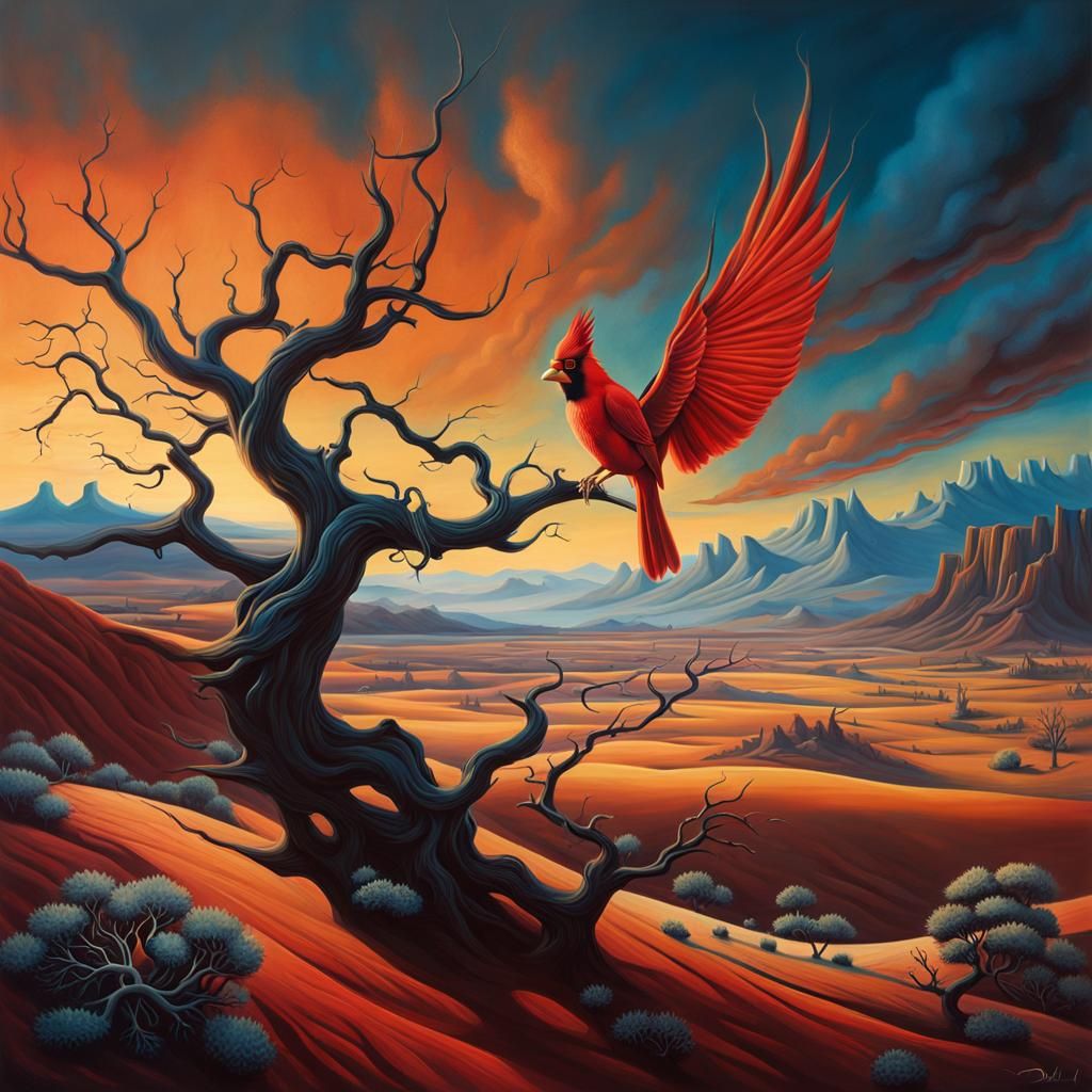 Surreal Cardinal Flying Over Barren Twilight Landscape