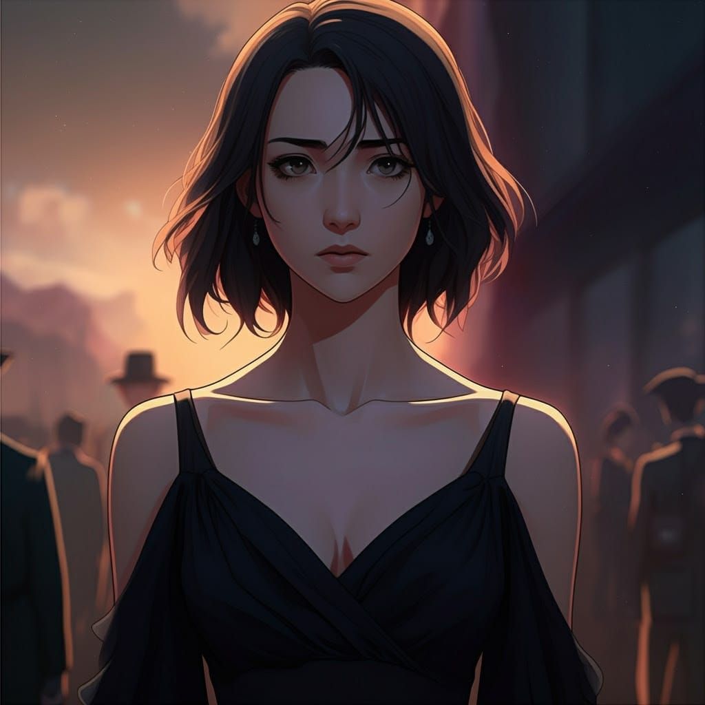 Contemplative Woman in Cityscape, Manga Anime Style