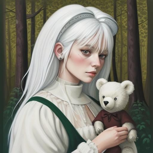 Girl with White Hair and Bear: Gouache Painting