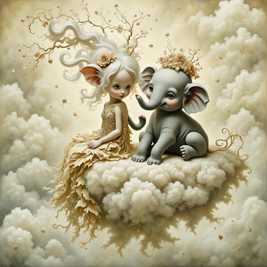 Whimsical Fairy and Elephant in Dreamlike Scene