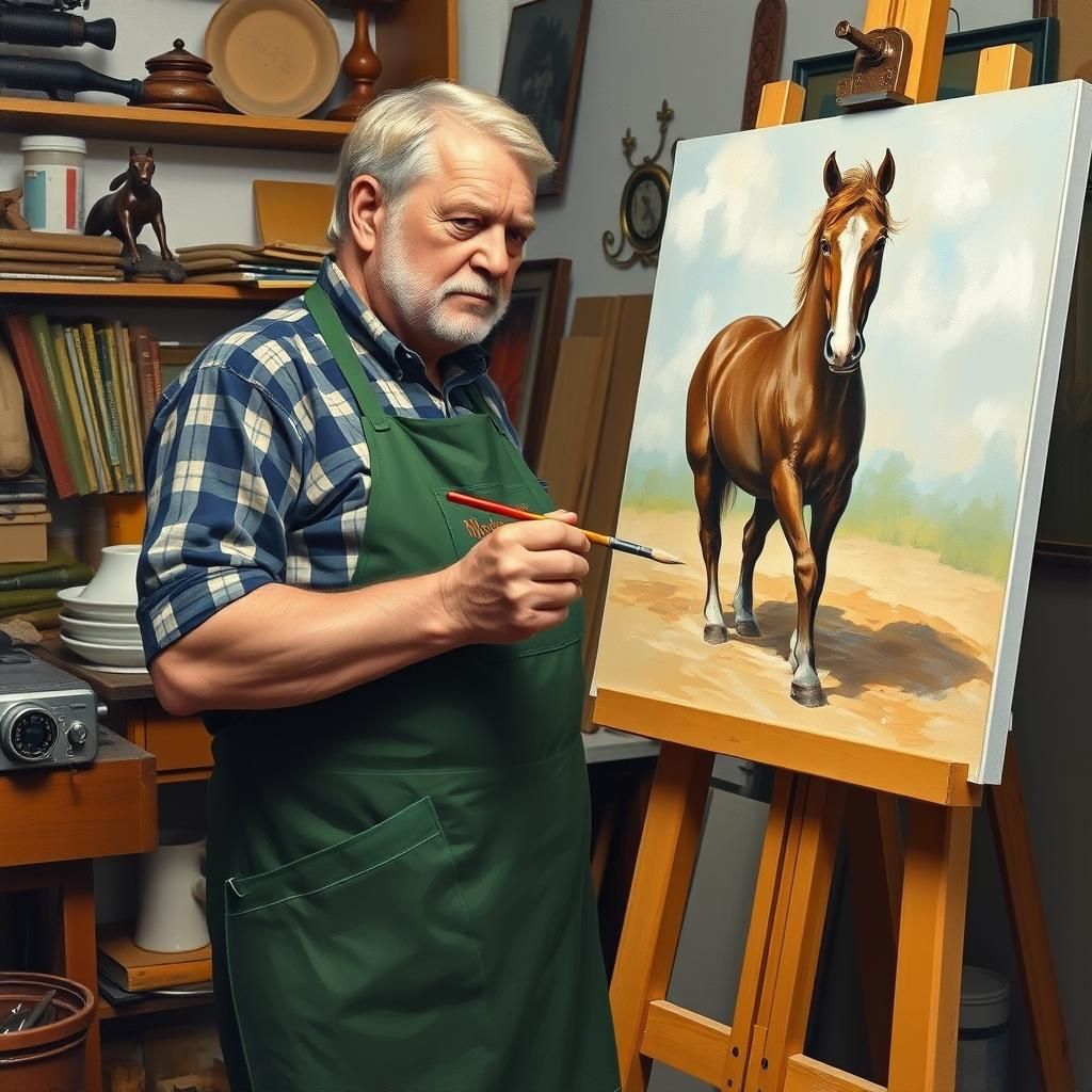 Impressionistic Painting of Artist Finishing Horse Painting