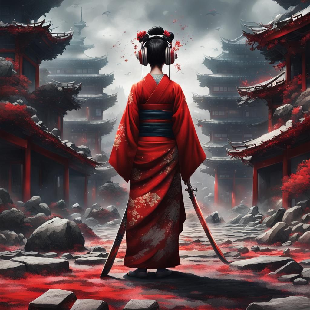 Geisha Cyborg with Samurai Sword in Cyberpunk Style