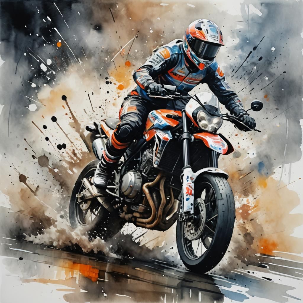 Motorcycle Racer in Watercolor with Splatter Techniques