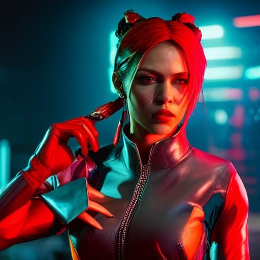 Cyberpunk Woman in Gold on Marble Steps