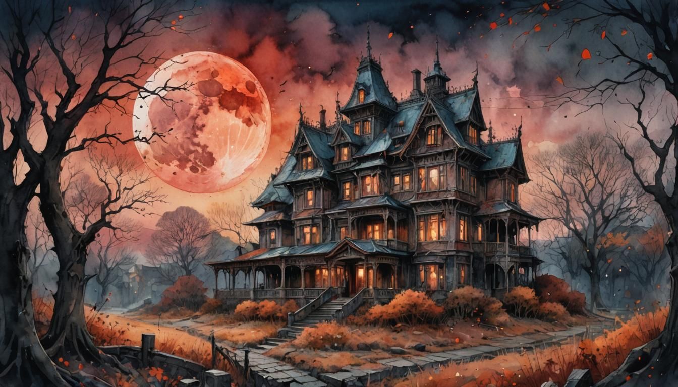 Haunted House Watercolor at Autumn Sunset