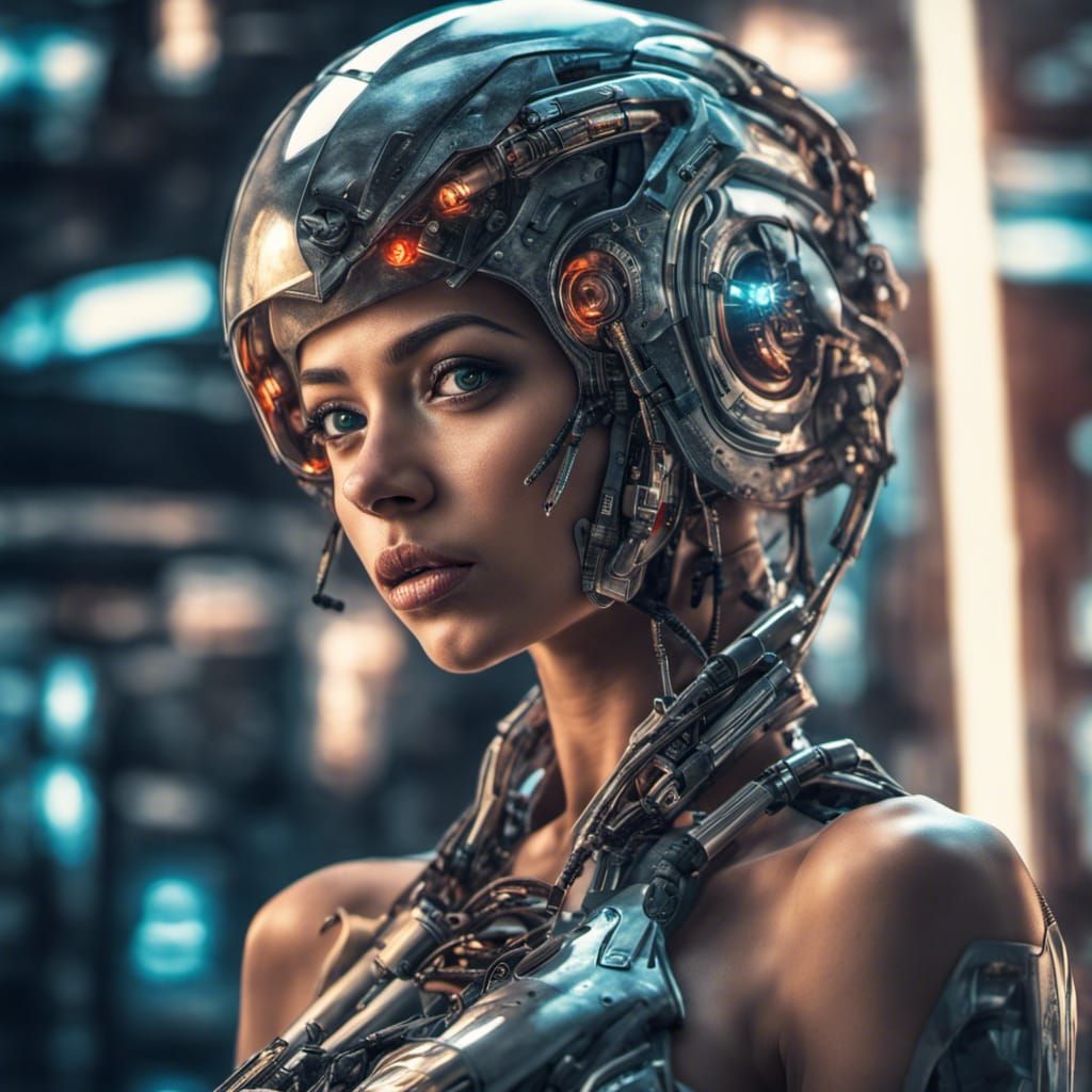 Hyperrealistic Cyborg Girl in Moody Futuristic World