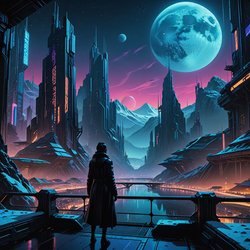 Ethereal Neon Dreams: Futuristic Cityscape Amidst Snowy Moun...
