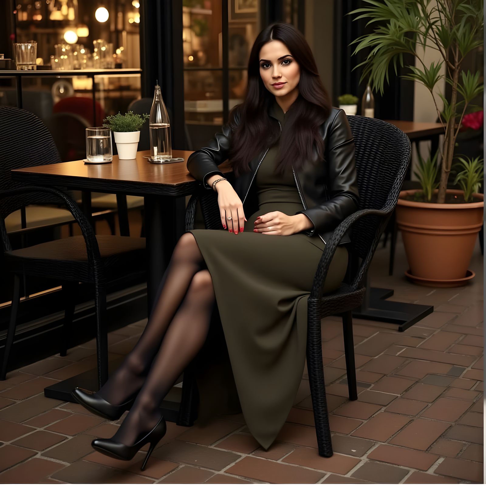 Elegant Eastern European Woman in Olive Green Dress