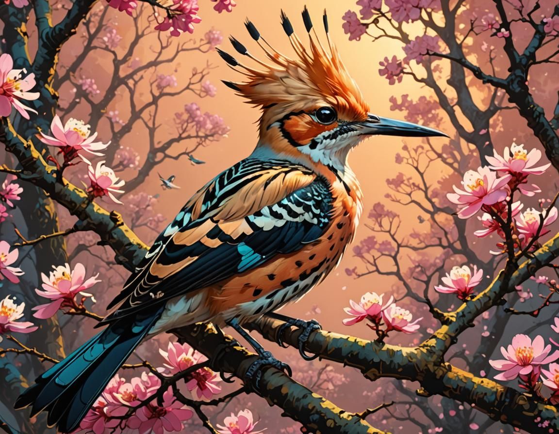 Hoopoe Bird Portrait with Surreal Flowers