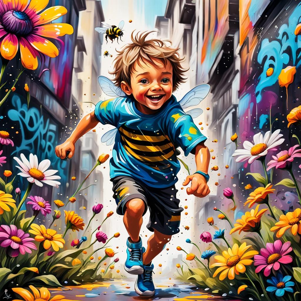 Boy, Bee and Flowers in Graffiti Art Style