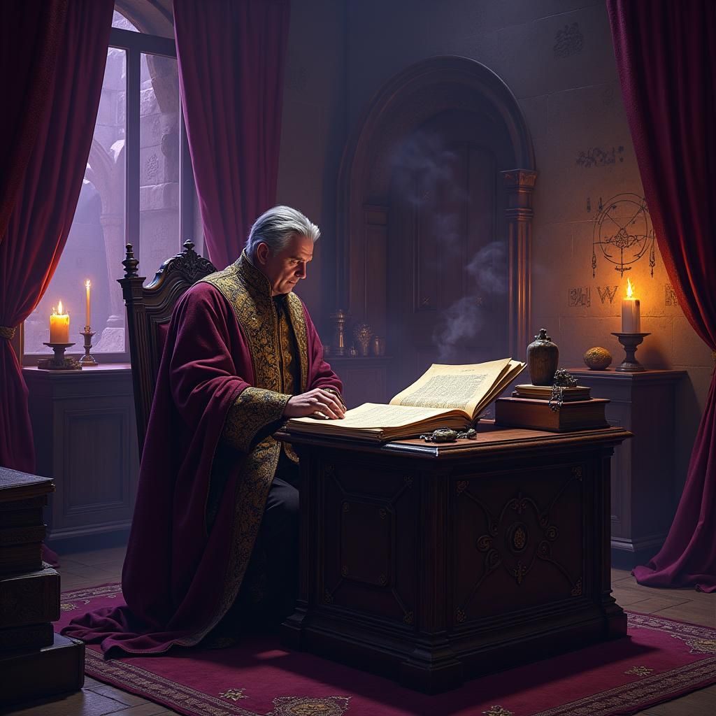 Medieval Mayor in Mystical Office, Dark Fantasy Art