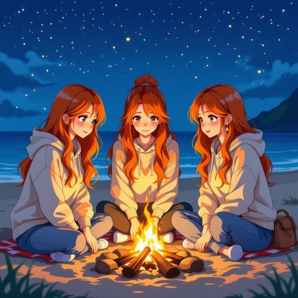 Stylish Women Around Campfire: Manga-Inspired Beach Scene