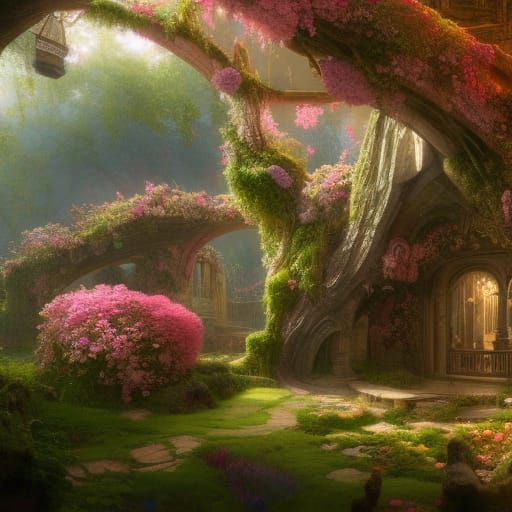 Enchanting Fairy Cottage in Hyperdetailed Solarpunk Landscap...