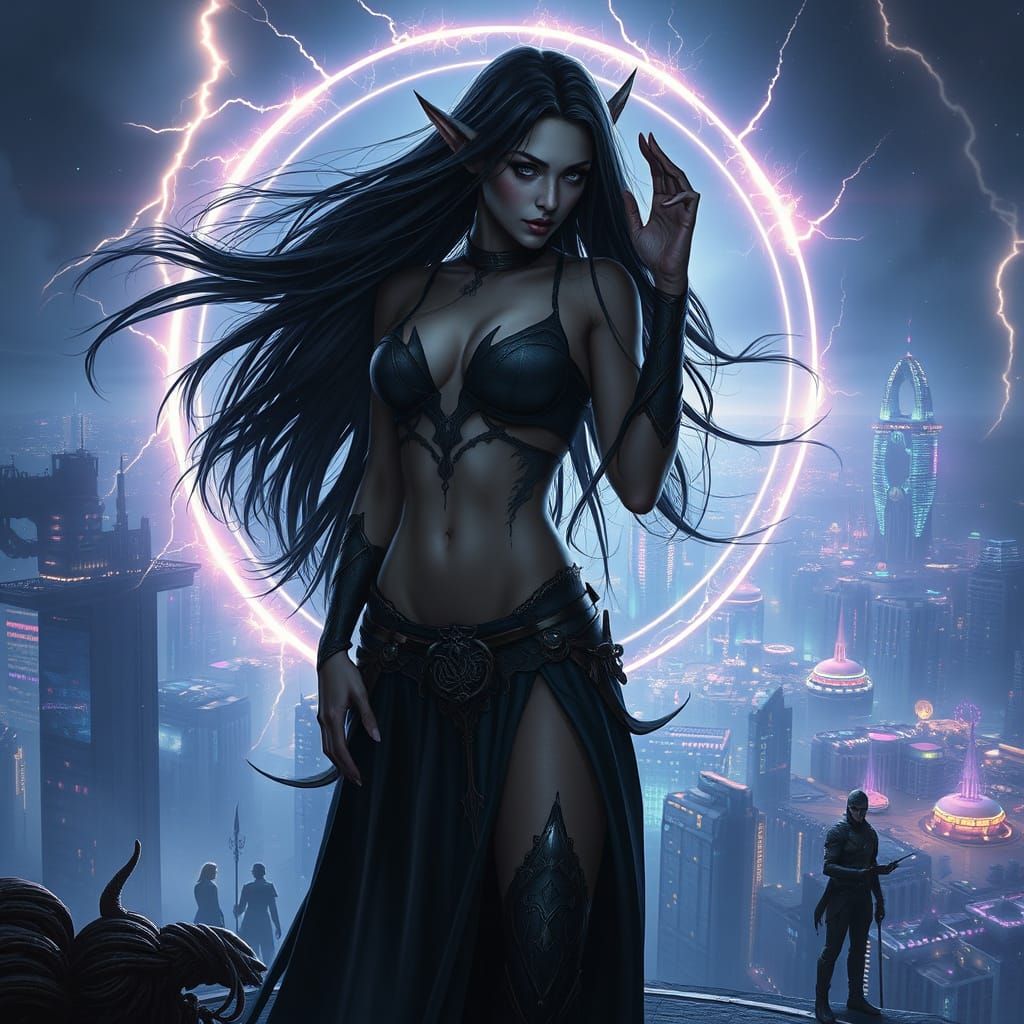 Dark Elf Mage Overlooking Future City in Hyperrealism