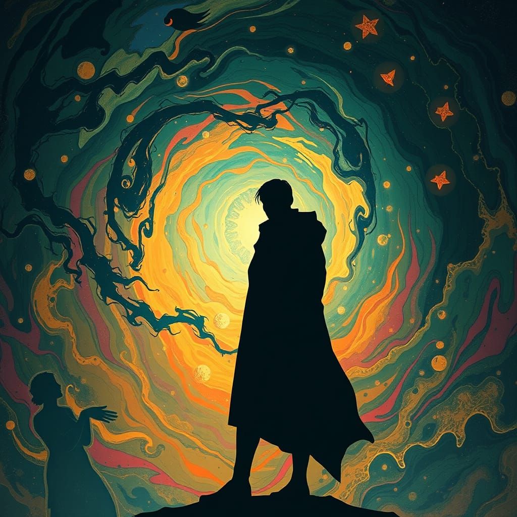 Silhouette in Swirling Vortex of Color