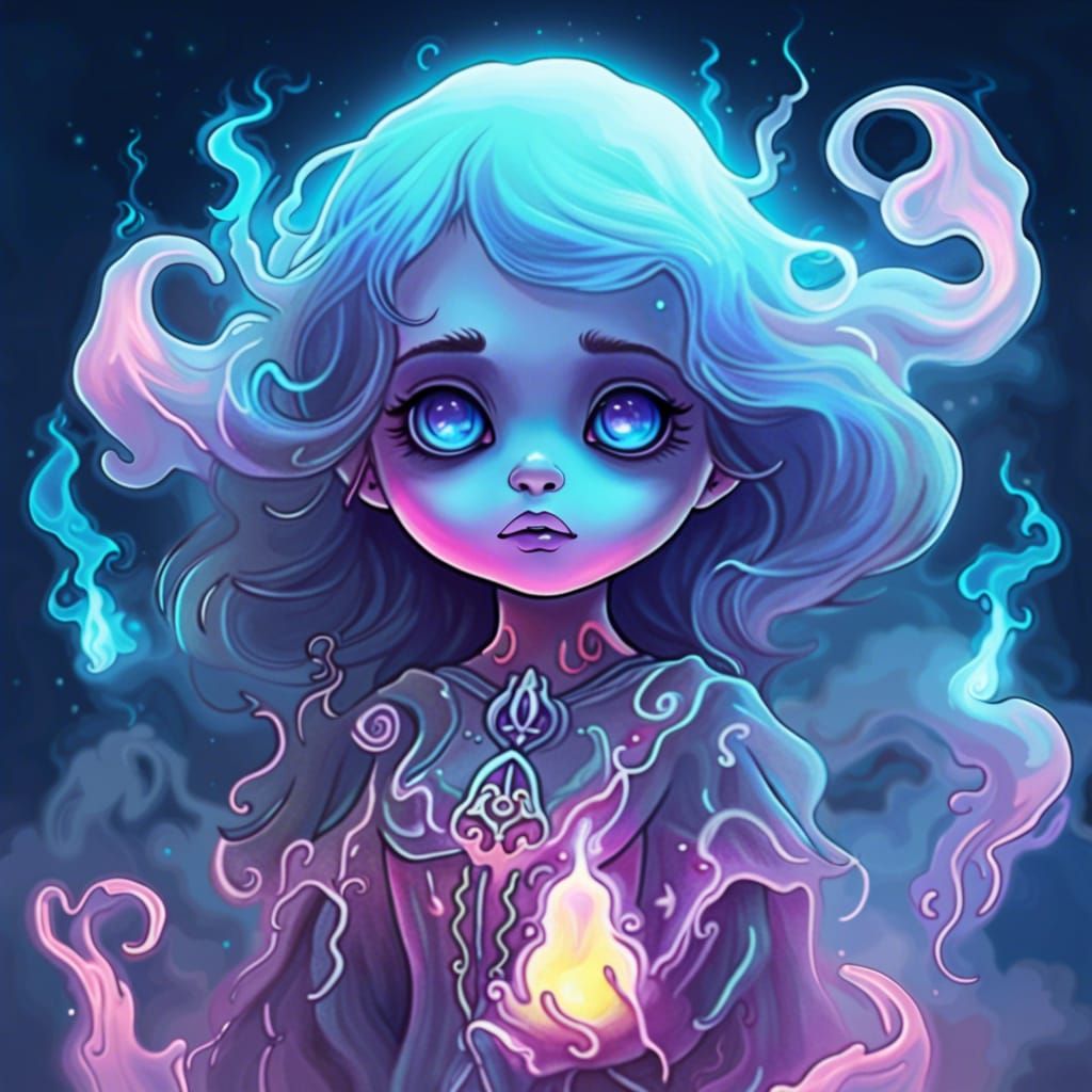 Cute Ghost Girl with Glowing Nebula Colors