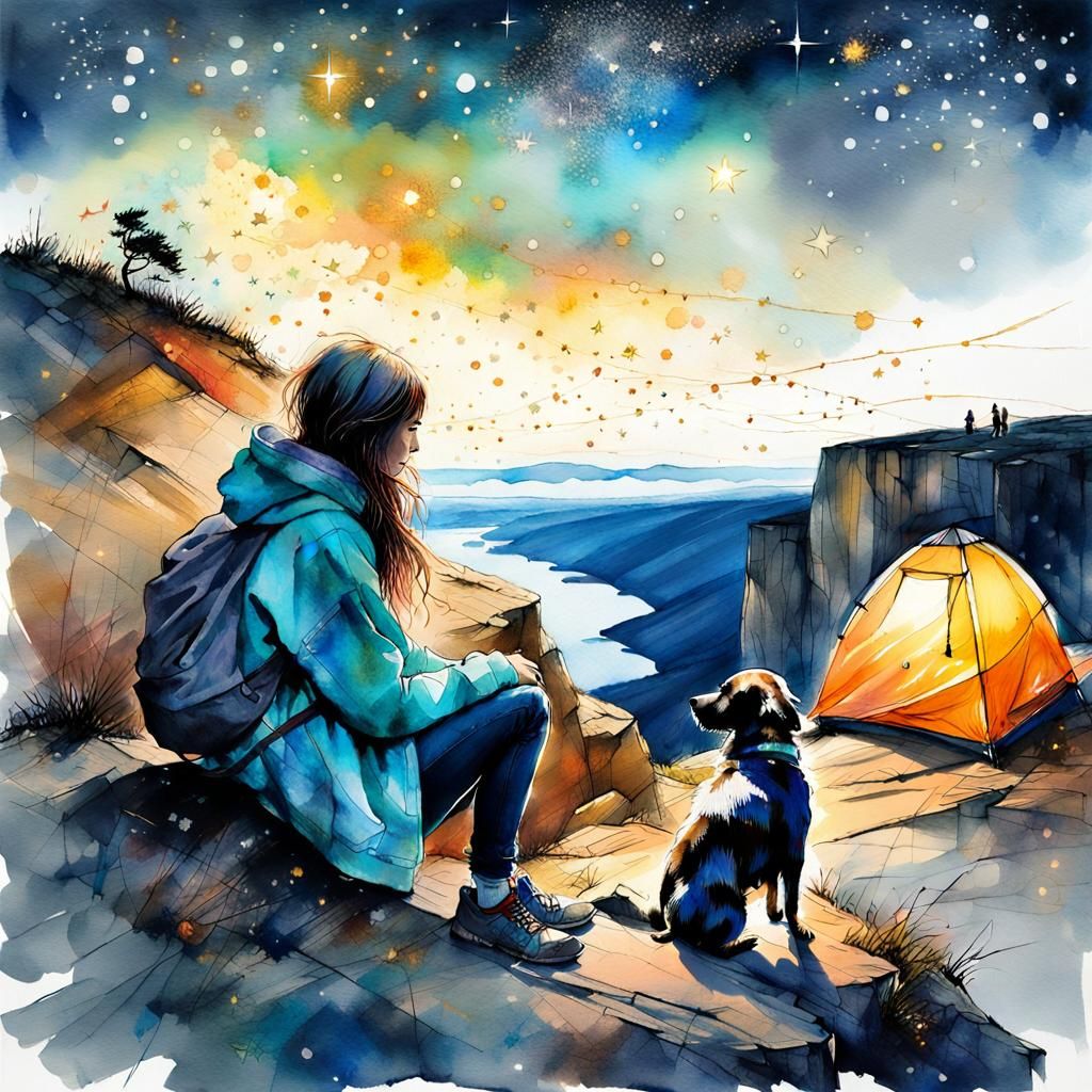 Woman and Dog Stargazing: Watercolor Art