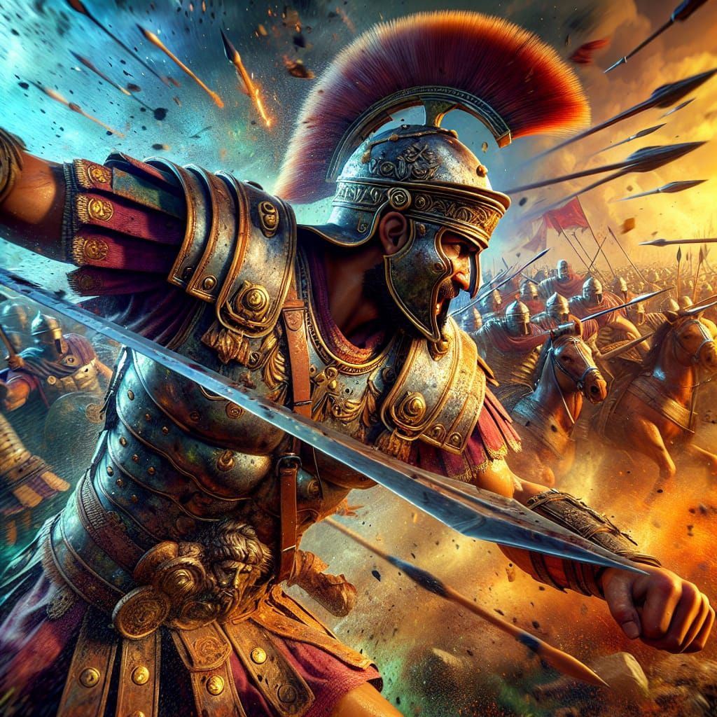 Fierce Roman Warrior in Battlefield: Hyperrealistic Splash A...