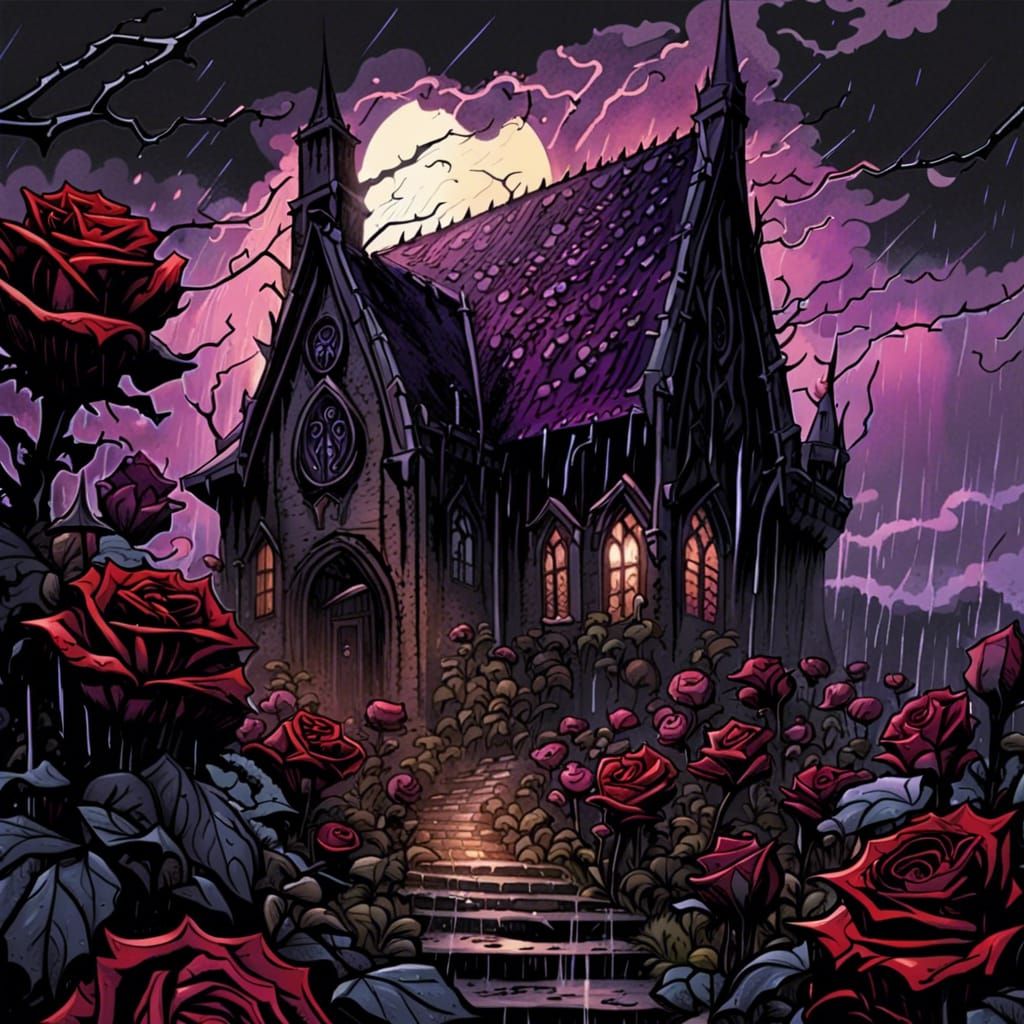 Gothic Village Under Rain: Comic Book Art