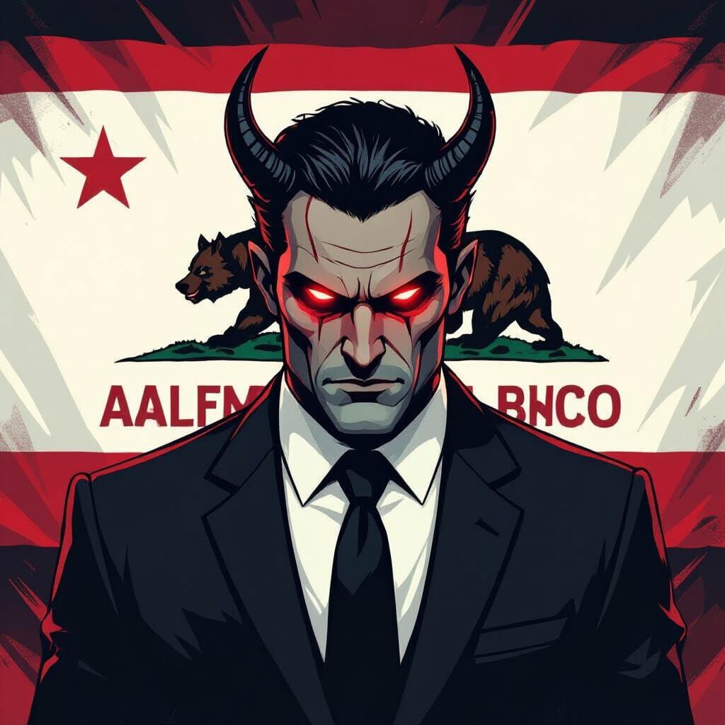 Demonic Politician in Suit with Subtle Horns and Red Eyes