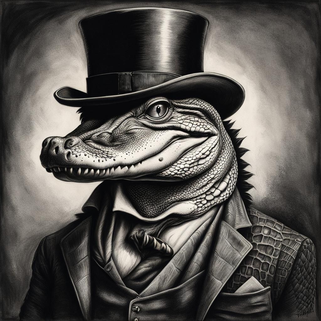 Alligator in Top Hat: Hyperdetailed Charcoal Drawing