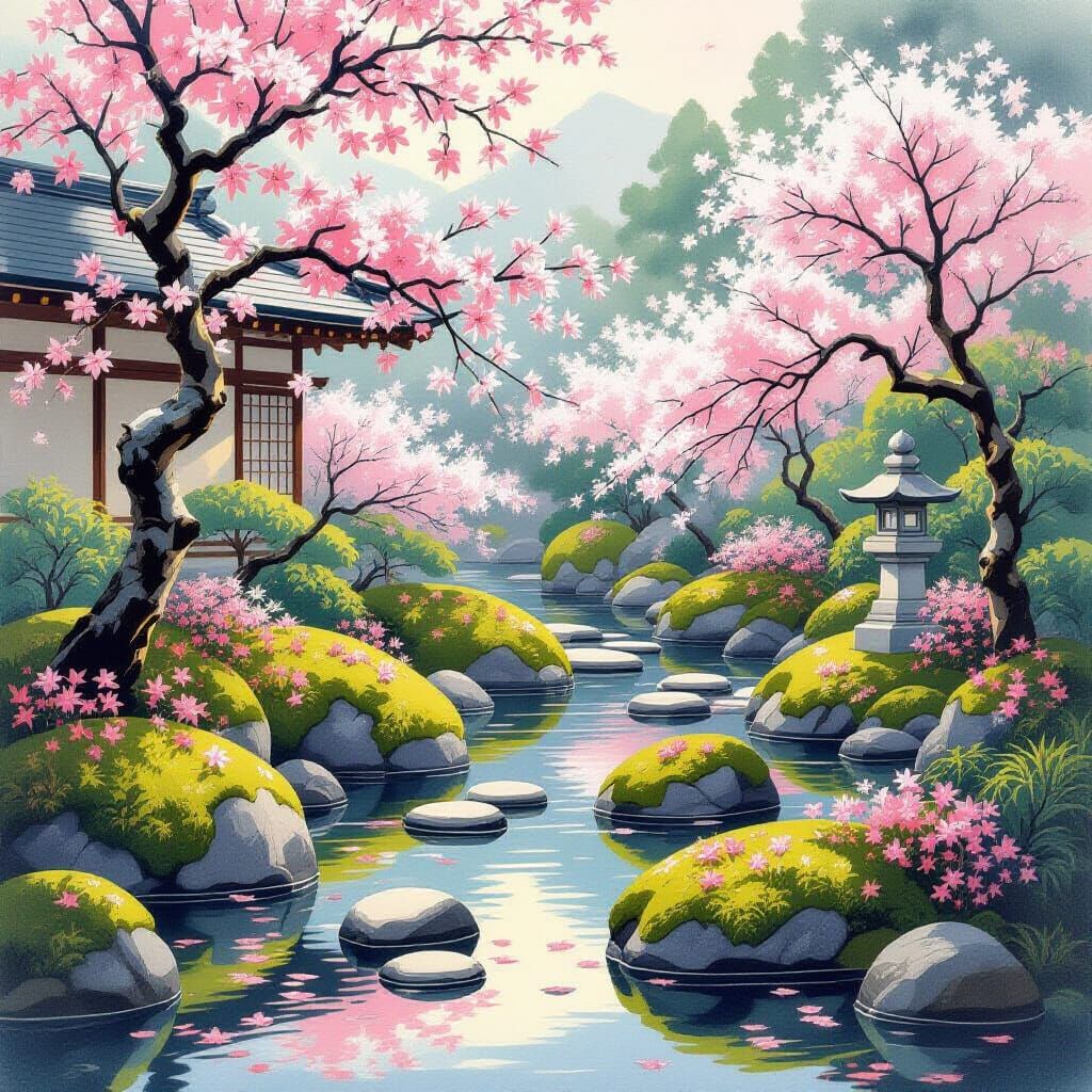 Serene Japanese Garden with Cherry Blossoms in Nihonga Style