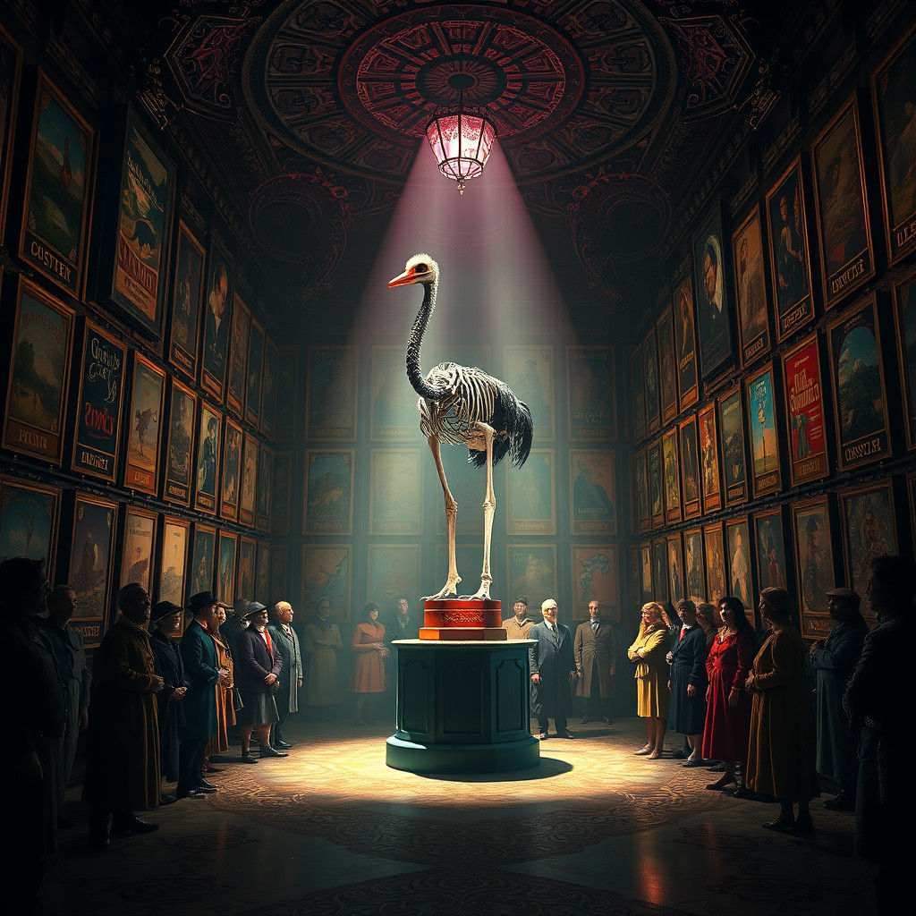 Ornate Ostrich Chamber with Skeleton in Matte Painting Style