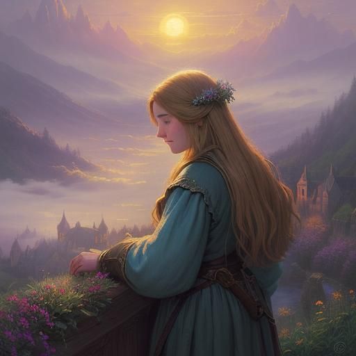 A scene from the Middle Ages, illuminated by the soft light of sunset, with a close-up of the main character