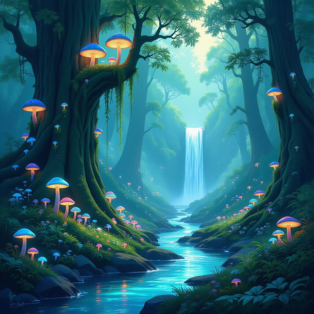 Bioluminescent Forest Waterfall in Pastel Colors