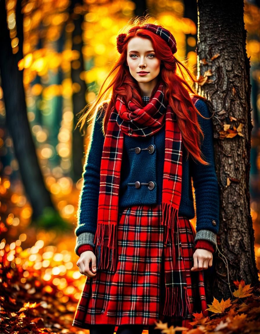 Plaid Girl in Autumn Woods