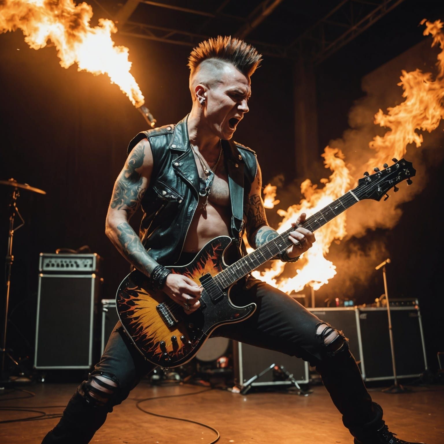 Punk Singer on Stage with Flaming Guitar