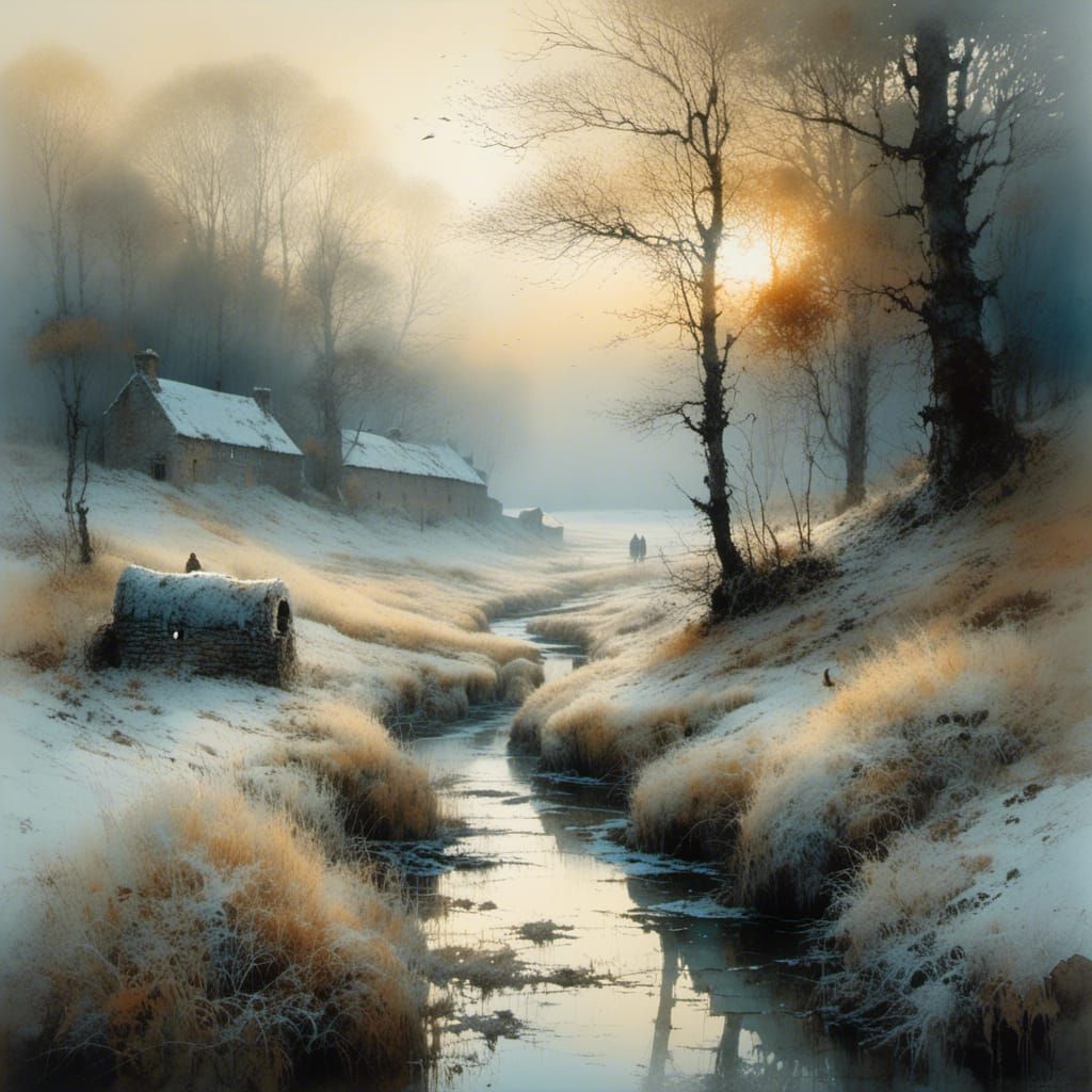 Ethereal Morning Landscape in Intricate Watercolor Style