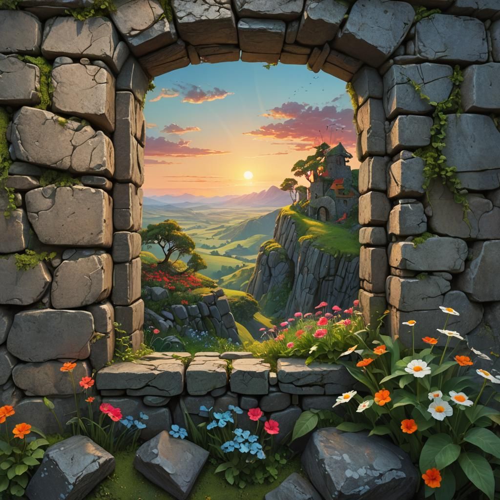 Lush Window Oasis in Sunset Landscape, Digital Art