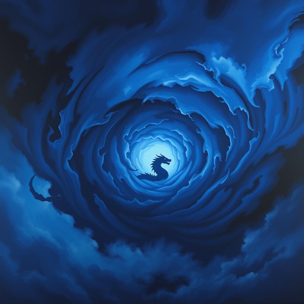 Storm Dragon Emerges from Indigo Cyclone, Oil Painting