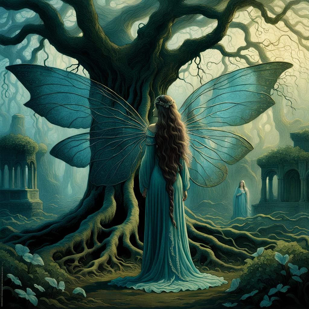 Garden of Shadows: Dark Fantasy Nymph in Mystical Bloom