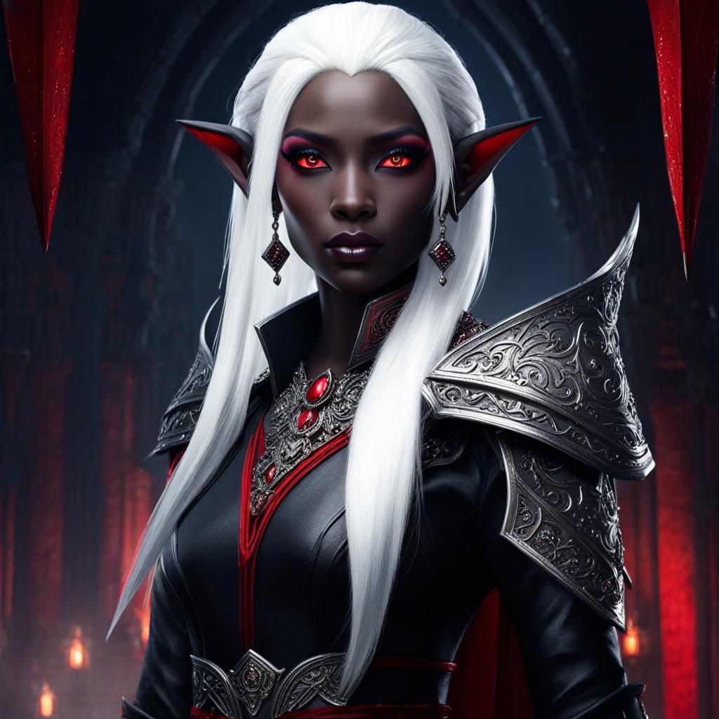 Ethereal Dark Elf with Crimson Eyes: Digital Matte Painting