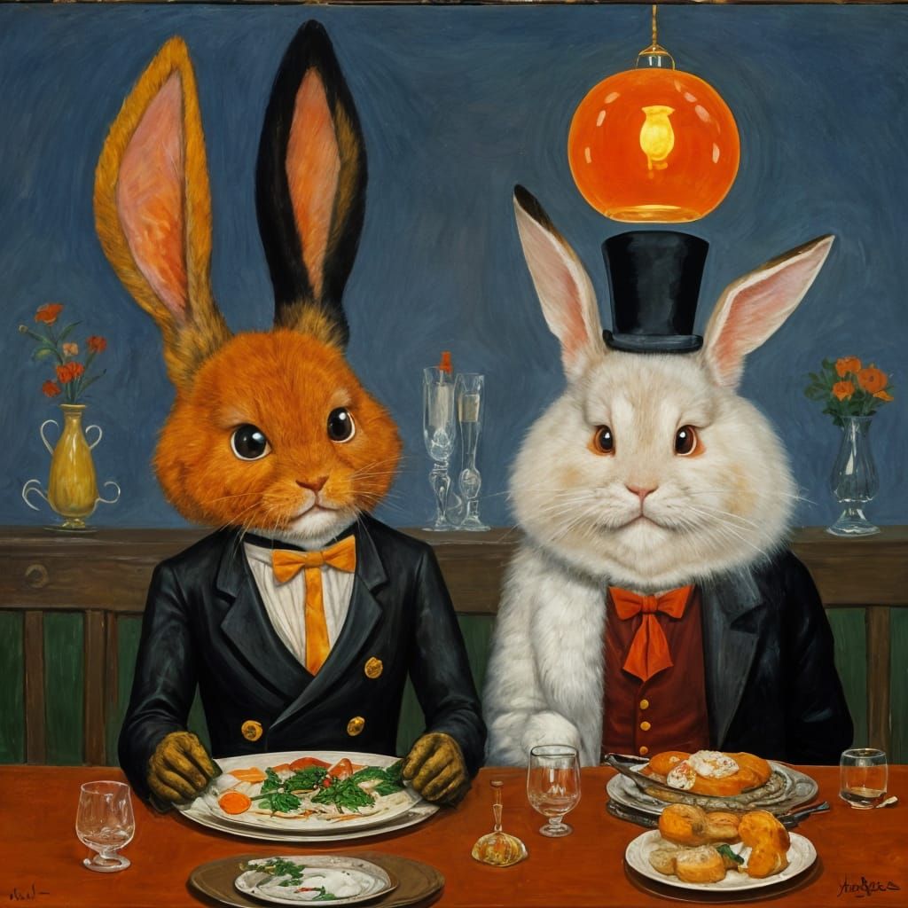 Surreal Rabbit Dinner, Expressionist Painting