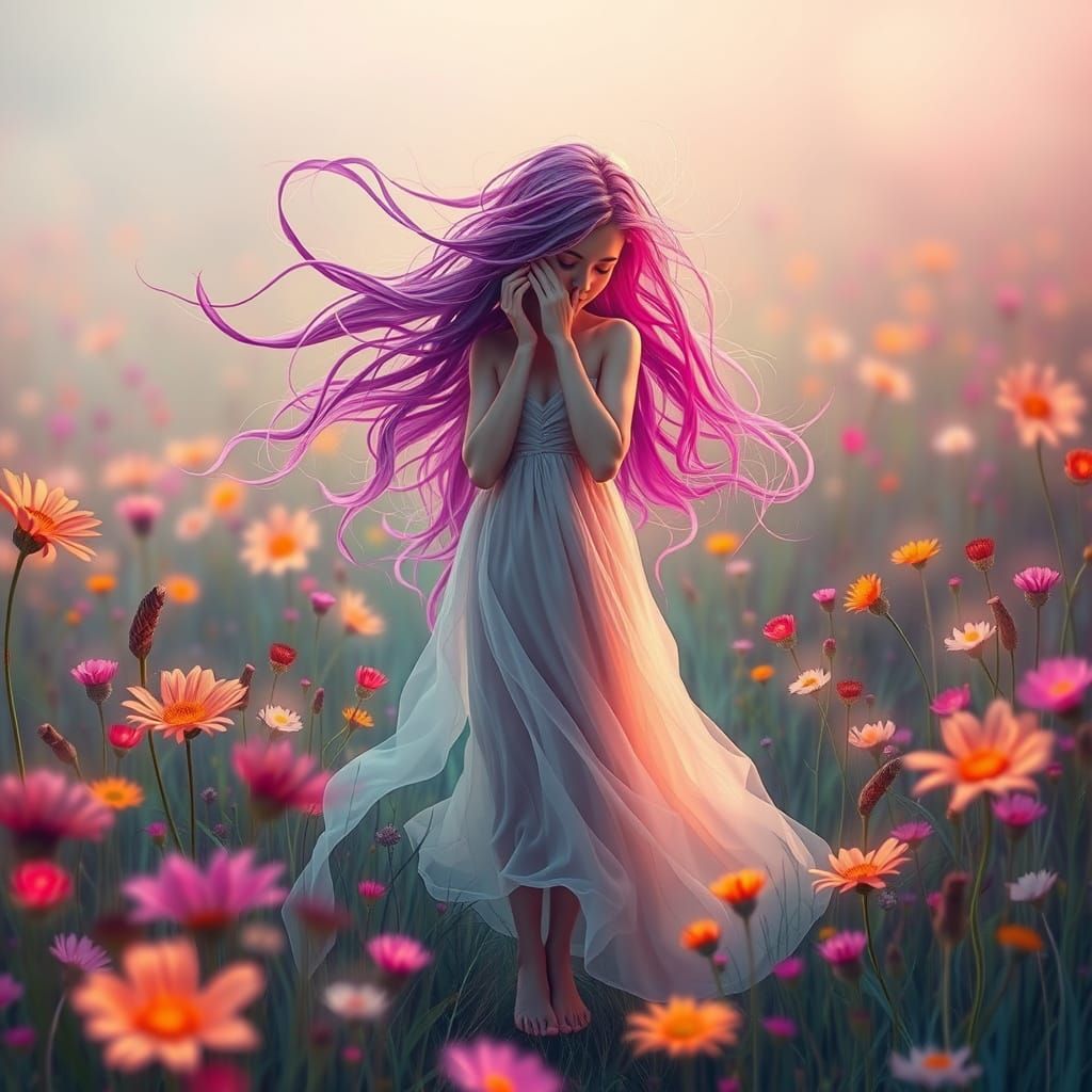 Ethereal Woman Lost in Vibrant, Swirling Wildflowers