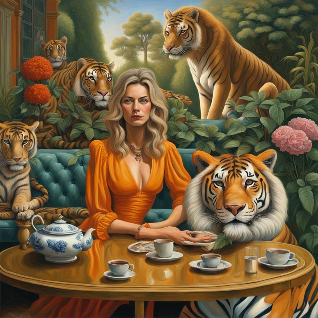 Surreal Garden Scene with Woman, Lion, and Tiger