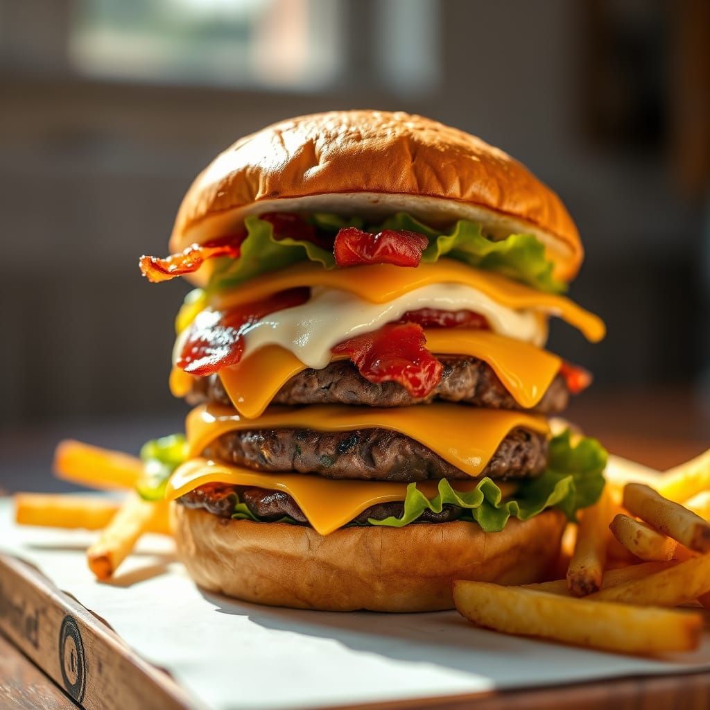 Modern Food Photography of a Juicy Burger and Golden Fries